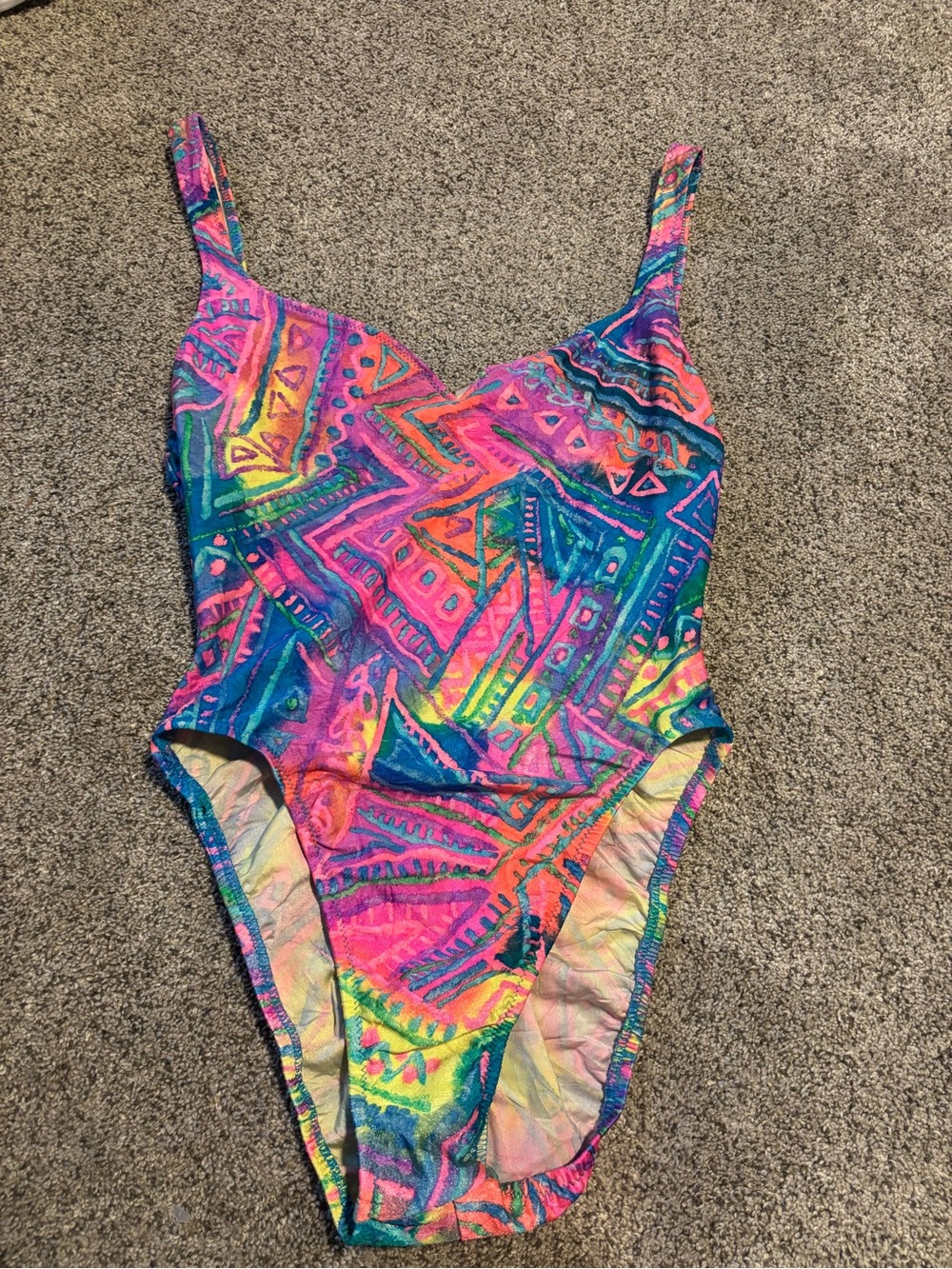 Vintage Neon Geo Print One-Piece Swimsuit in Pink & Blue